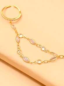 1pc New Double-Finger Linked Ring With Unique Design, Double-Layer Chain Draping, Fashionable Versatile Hand Accessory For Banquet And Party - Gold - View 4