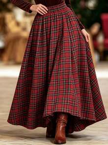 Minimalist Elegant Fashion Plaid Romantic Flared Skirt, Women's - Red - View 5