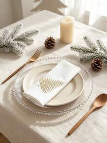 1pc 100% Polyester White Square Cloth Napkin With Golden Christmas Tree Embroidery, Reusable Fabric Dinner Napkin For Xmas Holiday Table Setting & Party Decoration - Multicolor - View 1