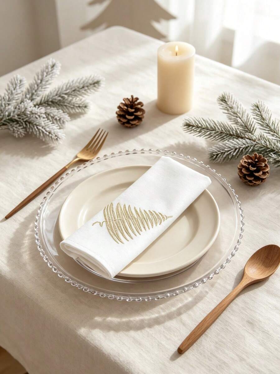 1pc 100% Polyester White Square Cloth Napkin With Golden Christmas Tree Embroidery, Reusable Fabric Dinner Napkin For Xmas Holiday Table Setting & Party Decoration - Multicolor - View 1