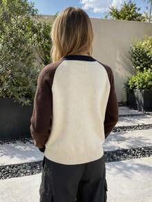 Women's Winter Vintage Pattern Raglan Sleeve Crew Neck Knit Sweater, Casual Minimalist Pullover Top - Coffee Brown - View 3