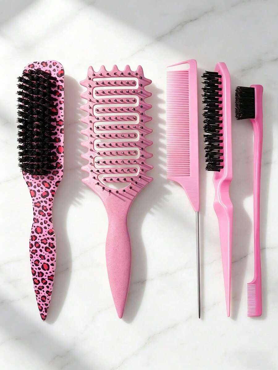 5-Piece Women's Hollow Elastic Massage Comb Set, Long-Handled Cleaning Brush, Leopard Print Comb, Suitable For Travel And Vacation. - Multicolor - View 1