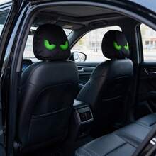 2pcs Decorative Protective Car Headrest Covers, Green Eye Print Elastic Fabric Car Headrest Protector, Holiday Costume Prop Mask - Black - View 4