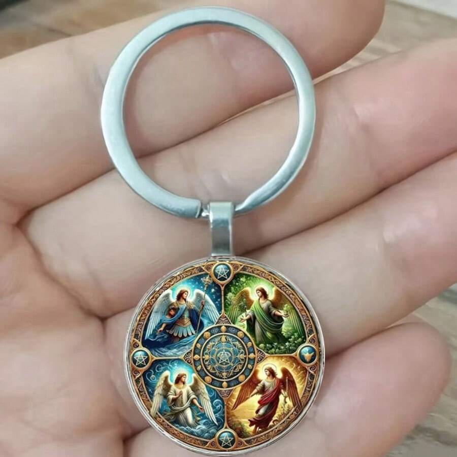 4 Archangels Image Round Alloy Keychain - Gabriel, Michael, Raphael, Uriel | Fashionable Bag And Car Key Decoration, Gift For Valentine's Day, Thanksgiving, Christmas, Anniversary And Angel Lovers - Gold - View 1