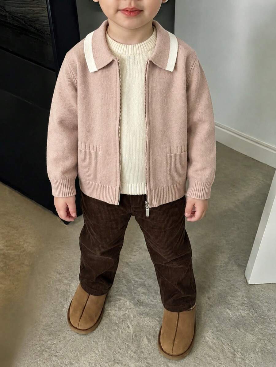 Young Boy Contrast Color Long Sleeve Zip-Up Knit Cardigan Suitable For School Daily Wear Spring Autumn Winter - Apricot - View 1