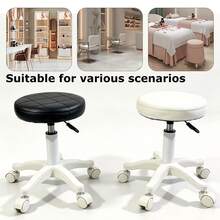 PU Leather Circular Rolling Stool With Adjustable Rotation Height For Home Office, Drawing Laboratory, Kitchen With Wheels, Massage Office Chair - White - View 8