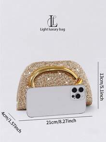 1pc Women's Vintage Metal Handle Clutch Bag, Luxurious Sparkling Crystal Sequin Decor,S, Parties, Galas, Nightclubs, Formal Occasions, Wedding Items - Gold - View 6