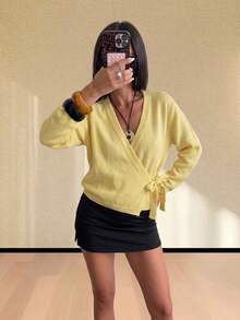 Women's V-Neck Cross Collar Side Tie Bow Elegant Loose Basic Solid Color Cardigan Sweater, Thick Warm Knit Open Front, Suitable For Single Wear Or Layering, Autumn/Winter - Yellow - View 5
