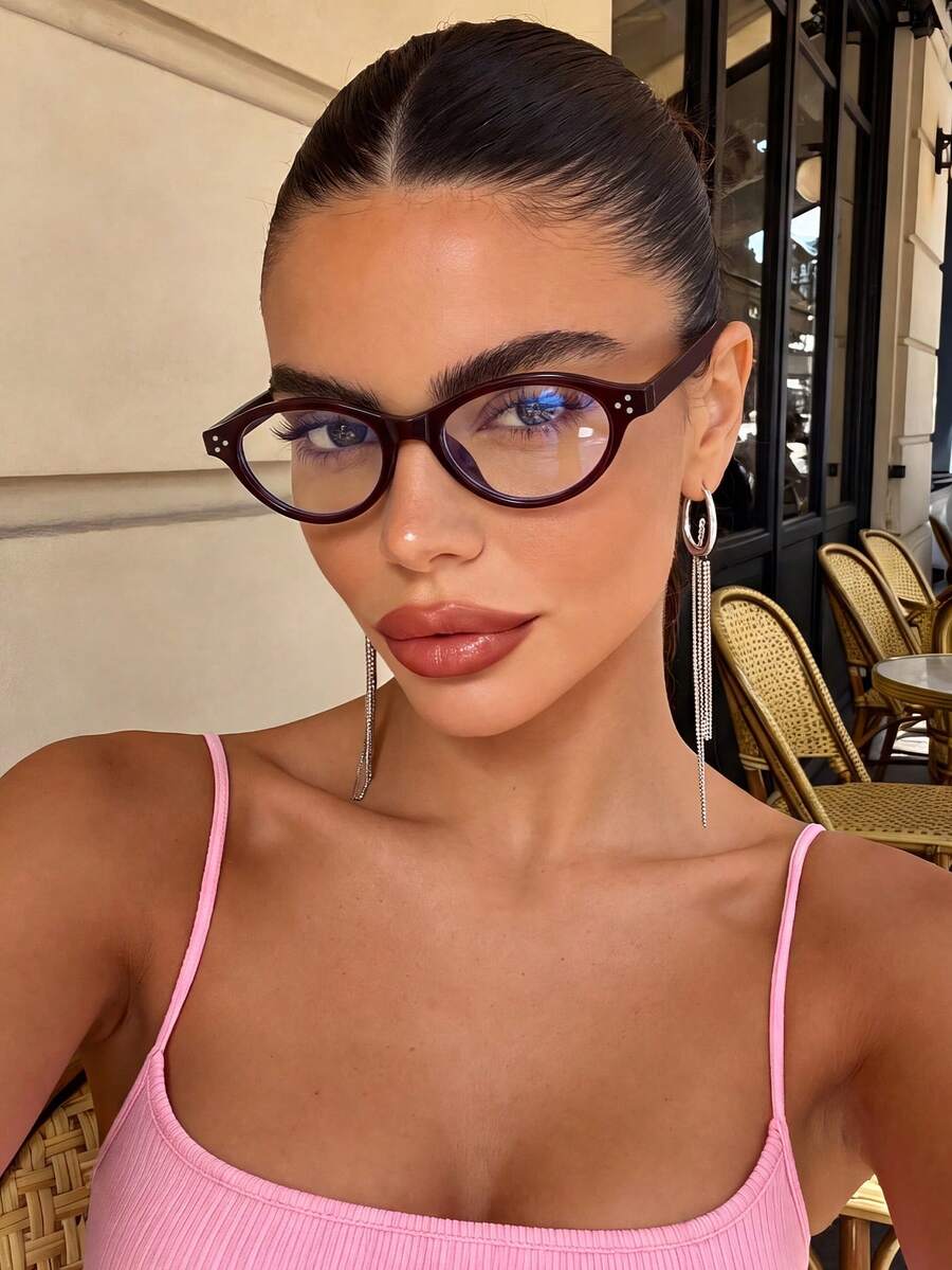 1 Pair Women's Oval Date Red Minimalist Personalized Plain Lens Glasses, Suitable For Back To School, Daily Wear, Transparent Eyewear Accessory - Hong Ping - View 1