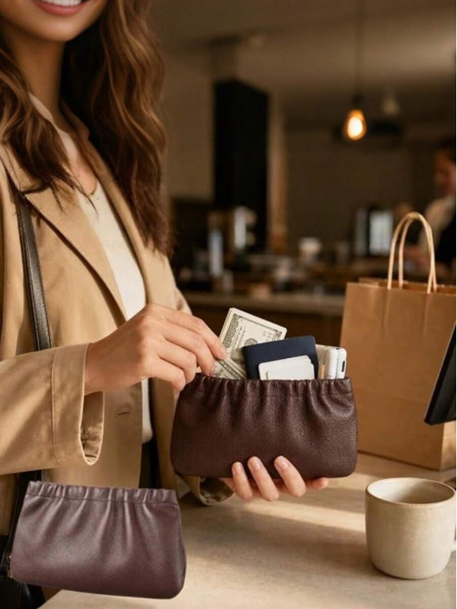 2pcs Women Elastic Opening Storage Pouch, Faux Leather Small Wallet Purse, Portable Card Cash Lipstick Earphone Organizer Bag For Daily Use