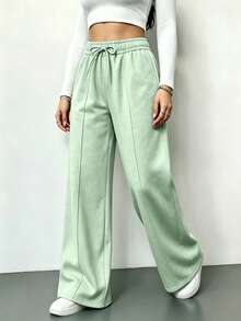 Pantalones holgados de pierna ancha, pantalones casuales de cintura alta fruncida con cordón, detalle de costura vertical - Verde - Ver 3