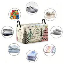 1pc Christmas Storage Basket, Cartoon Hand-Painted Christmas Tree & Snowflake Print Rectangular Fabric Storage Bin With Handle, Holiday Home Organization Box - Multicolor - View 6
