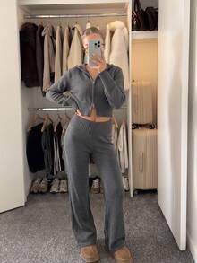 JustMiss Women's 2pcs Sweater Set, Hooded Long Sleeve Knit Cropped Slim Fit Casual Top And Flared Pants, Spring/Autumn - Dark Grey - View 7