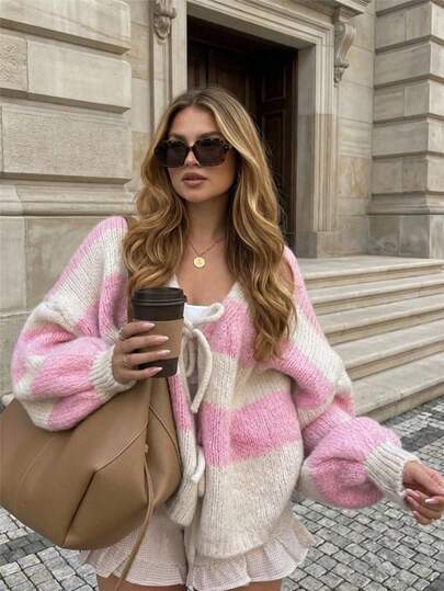 Cardigan Sweater Wanita Bergaris Pink dengan Ikatan Depan dan Leher V, Lengan Panjang Longgar Model Puff, Atasan Kasual Bergaris Kontras untuk Berlapis