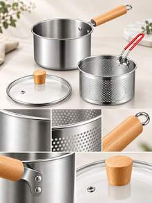 Stainless Steel Milk Pot Set, 3-In-1 Multi-Function Pot With Fryer Basket And Glass Lid, Home Kitchen Stewing, Boiling, Frying, Oil Filtering, Single Person Meal, Noodle Cooking, Soup Making, Small Fryer - View 9