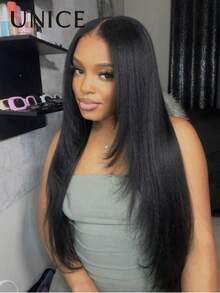 UNice Yaki Straight Layered Bye-Bye Slip 7x5 Lace Glueless Human Hair Wig With Drawstring Fit For All Sizes Pre Cut Pre Plucked Pre Bleached Put On And Go Natural Black Wig For Women 180% Density - Natural Black - View 5