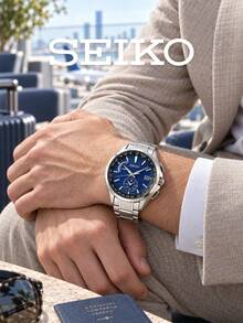 Men's SEIKO Quartz Watch, Brushed Stainless Steel Band, Vertical Texture Blue Dial, 24H Subdial & Date Calendar For Travel Wear Multi-Time Zone Watch - Silver - View 3