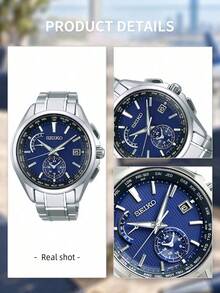 Men's SEIKO Quartz Watch, Brushed Stainless Steel Band, Vertical Texture Blue Dial, 24H Subdial & Date Calendar For Travel Wear Multi-Time Zone Watch - Silver - View 7