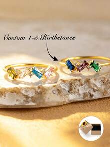 1pc Customized Rectangular Gemstone Ring, Gemstone Ring, Gold Women's Ring, Personalized Multi-Birthstone Ring, Mother's Ring, Mother's Day Gift, Gift For Mom - Gold - View 2