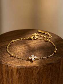 VceTd 1 Set Elegant Style Stainless Steel Women's Bracelet With Bamboo/Four-Leaf/Geometric Design, Suitable For Dating - Yellow Gold - View 6