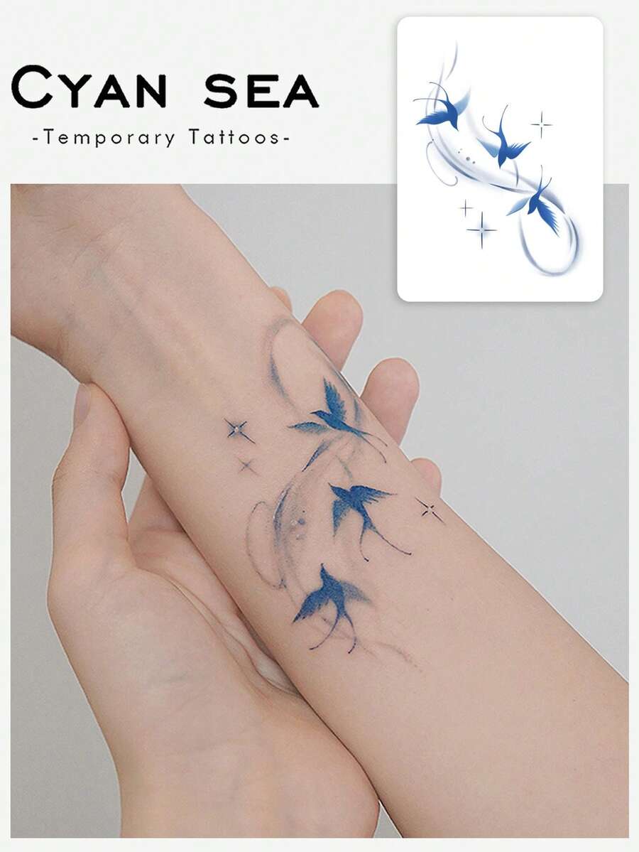 1pc Temporary Tattoo, Ink Wash Blue Swallow Streamline Pattern, Realistic Fake Tattoo Design, Suitable For Daily, Bachelorette Party Favors, Music Festival, Game, Graduation Gift, Lasts 3-5 Days - Blue - View 1