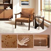 Silla decorativa de piel sintética, moderno sillón de mediados de siglo con patas de madera maciza, silla de ocio de lectura con respaldo alto para sala de estar, recámara, sala de espera, - Marrón - Ver 5