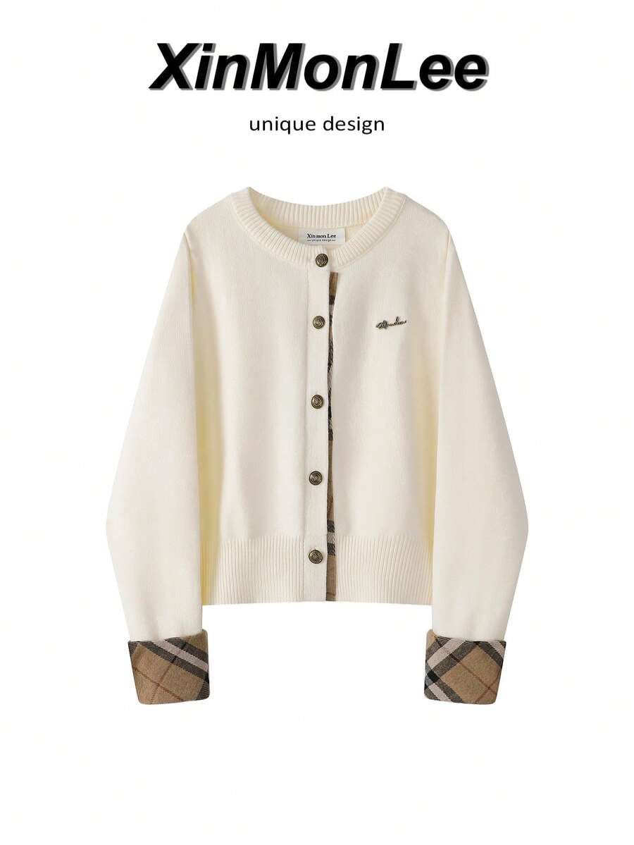 Knitted 2 In 1 Plaid Cardigan Slimming Sweater Button-Up Jacket For Evening Date, College, Vacation, Daily Wear, Autumn/Winter - Apricot - View 1