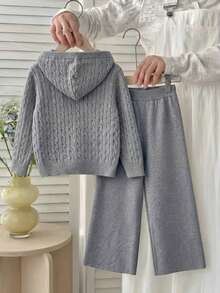 2pcs/Set Girls' School Style Solid Color Cable Knit Hooded Cardigan Sweater And Solid Color Knitted Long Pants, Suitable For School, Daily Wear, Casual, Spring, Autumn, Winter - Grey - View 5