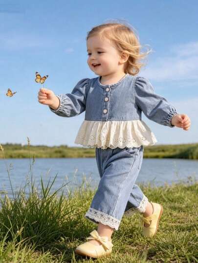 2pcs/Set Baby Girl Cute Puff Sleeve Long Sleeve Top And Straight Leg Pants With Lace Trim, Autumn