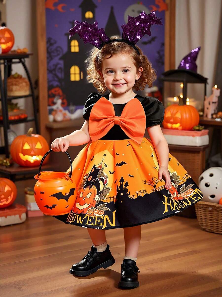Baby Girls Trick Or Treat Bat Pumpkins Pattern Halloween Party Princess Dress Fabric Random Cut, Headband And Handbag Not Included - Multicolor - View 1