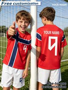 [Customized]Personalized Name Custom Jersey, Celebrity Style, Boys & Girls Soccer Uniform Set, Fashionable Comfortable Casual Crew Neck Jersey 2 Pieces Set - Red - View 6