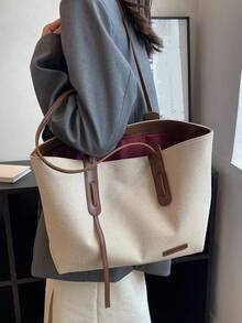 Beige Brown PU Colorblock Tote Bag Zipper Large Capacity Minimalist Women Commute Work College Shopping Travel - Beige - View 3