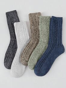 Men's 5 Pairs Random Color Retro Cable Knit Mid Calf Socks, Thick Warm Textured Crew Socks For Autumn Winter Daily Wear - Multicolor - View 3