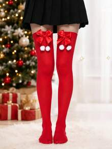 1 Pair Unisex Christmas Red Over-The-Knee Socks, Bow & Pom Pom Decor Thigh High Socks, Festive Holiday Vibe Socks - Red - View 7
