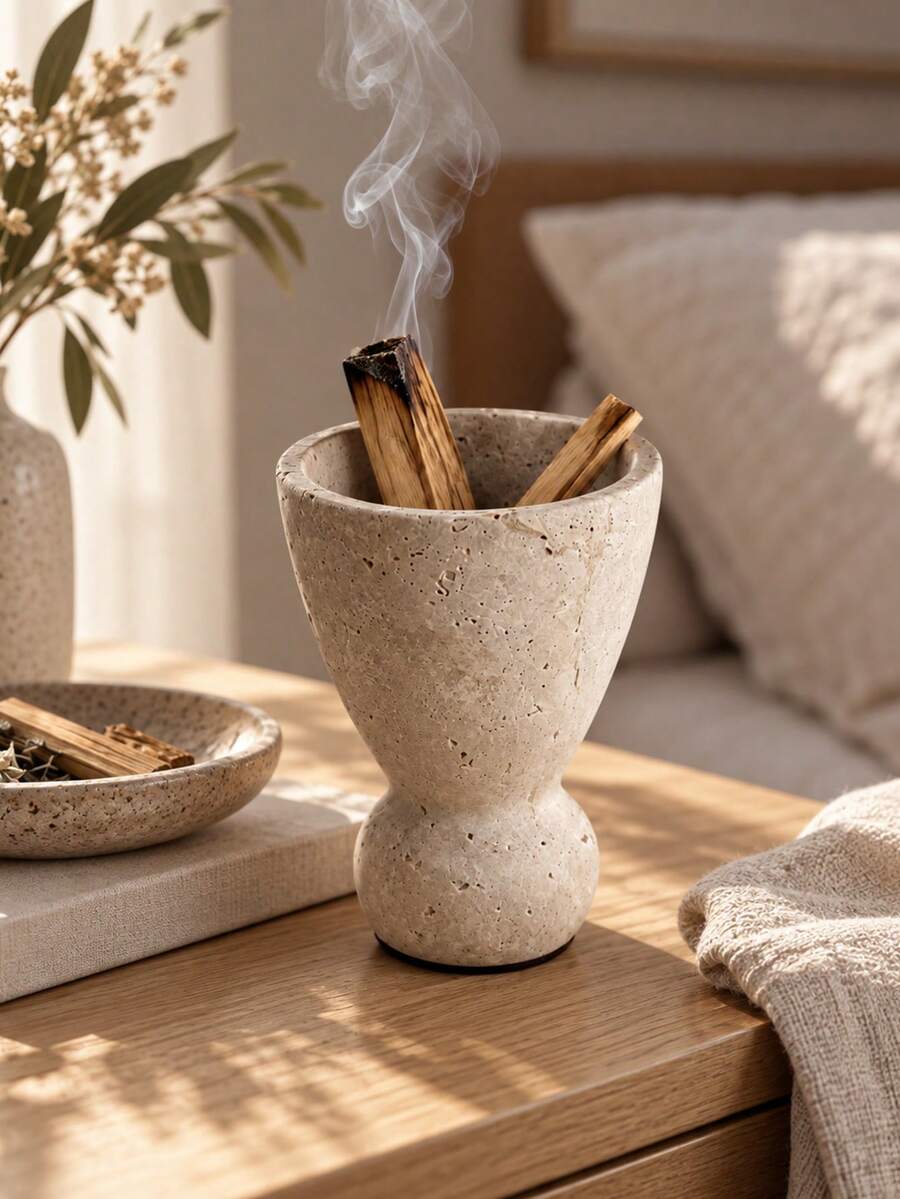 1pc Bohemian Ritual‑Style Incense Holder, Curved Goblet‑Shaped Silhouette, Herb Stick Storage Container, Desktop Aromatherapy Ornament For Spiritual Practice Yoga Home Altar Decoration - Stone Cup Incense Burner - View 1