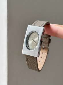 1pc Fashion Gray PU Strap Oval Dial Rectangular Case Scale Bar Wristwatch, Suitable For Daily Wear And Office Occasions - Grey - View 3