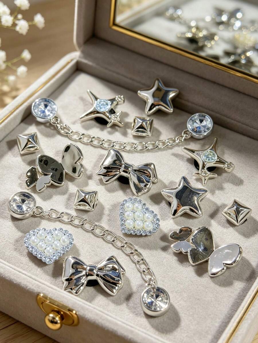 16pcs Silver Rhinestone Butterfly Shoe Charms, Flower Bow Star DIY Sandals Beach Bag Accessories Gift - Silver - View 1
