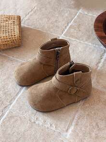 Children's Suede Ankle Boots With Side Zipper And Metal Buckle Decor, Versatile Casual Kids Shoes For Autumn/Winter - Khaki - View 6