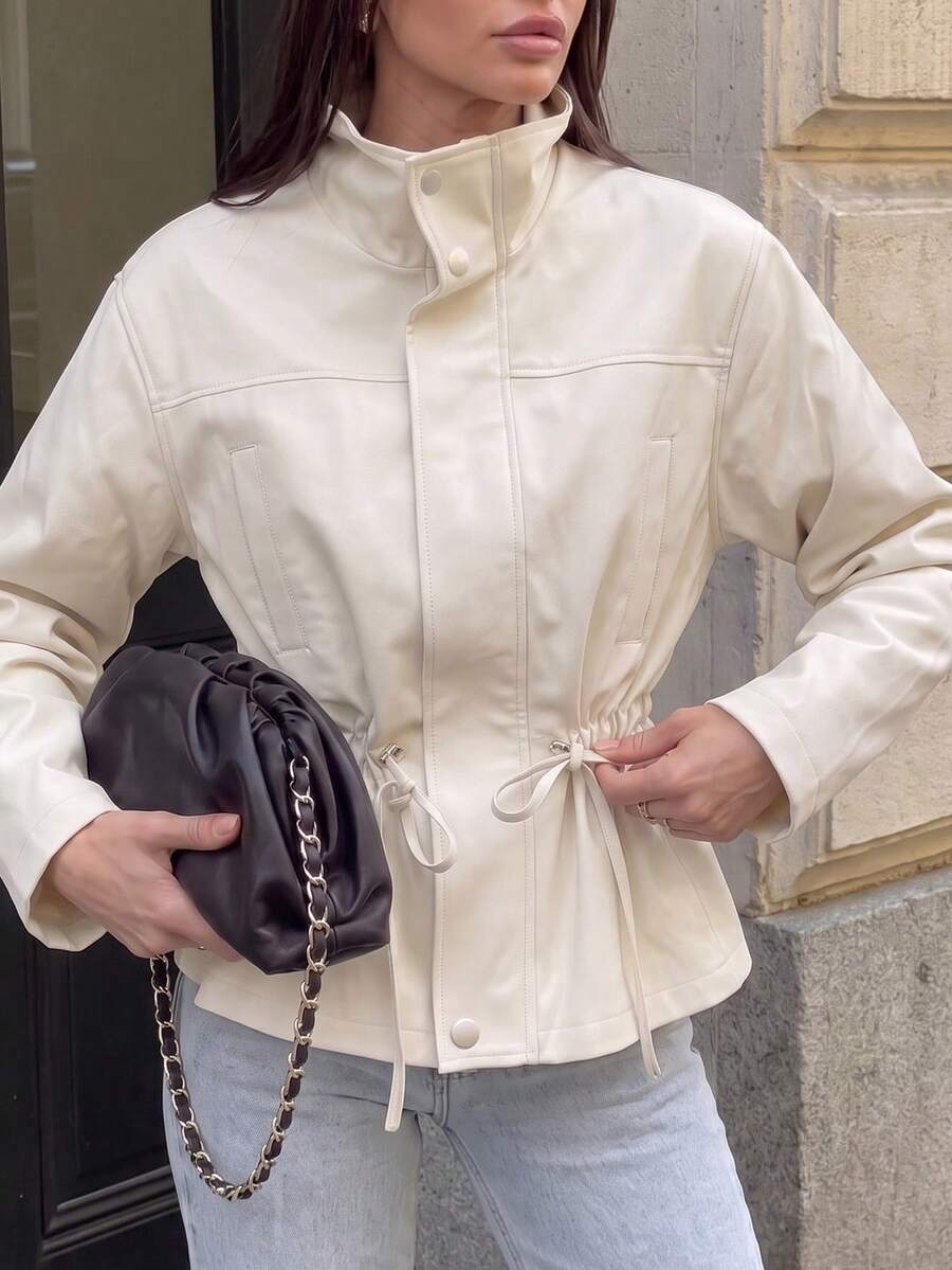 1pc Women's Early Autumn Minimalist Stand Collar Drawstring Short Trench Coat, Waist Drawstring Slimming Windproof Utility Jacket, - Apricot - View 1