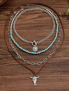 4pcs Bohemian Layered Necklace Set, Antique Silver 4-Layer Necklace With Turquoise Beads And Bull Skull Pendant, Western Cowboy Suede Rope Chain Necklace, Suitable For Women, Festival, Holiday, Daily Wear - Brown - View 3