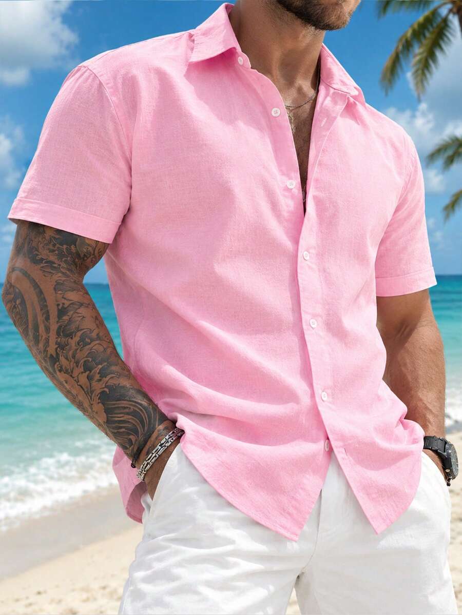 夏季新款度假風男士粉色襯衫,情侶度假海灘上衣襯衫,四向彈力短袖短褲海灘套裝運動風,度假禮物 - 粉色 - 查看 1