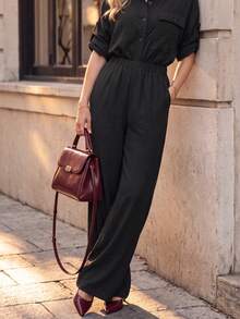 Women Fall Collared Button Front Jumpsuit, Roll‑Tab Sleeve Elastic High Waist Wide Leg One‑Piece Pants - Black - View 7