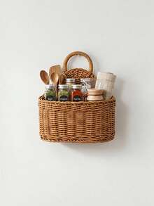 Handmade Rattan-Look Wall-Mounted Kitchen Basket, Dual-Use As Hand Carry Or Wall Hanging, Household Desktop/Wall-Mounted Sundries Storage Basket, Rustic Style Decorative Basket, Shelf Baskets - Regular Model - View 3