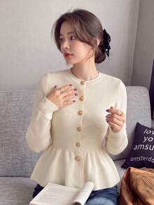 2026SS New French Style Cinched Waist Mermaid Hem Knit Cardigan, Slim Fit Textured Round Neck Single-Breasted Short Sweater - Apricot - View 4