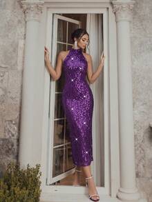 FEELAIR New Sexy Backless Fitted Heavy Embellished Sequin Midi Dress, Suitable For Wedding Bridesmaid, Birthday, Party, Formal Evening Dinner, Slit Dress - Purple - View 5