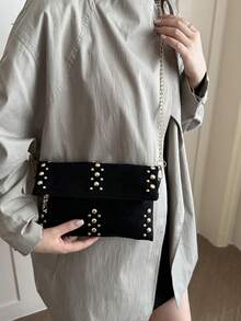 Minimalist Solid Color Handbag, Fashionable Versatile Studded Commuter Bag, Y2 Chain Flap Premium Leather Clutch, Underarm Bag, Handbag. Large Capacity Design, Suitable For Daily Outings And Workplace Outfits. - Black - View 5