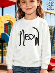 Children's White Crew-Neck Sweatshirt: MEOW Creative Cat-Themed Line Art And Lettering, Minimalist Cartoon Print, Long-Sleeve Top - White - View 9