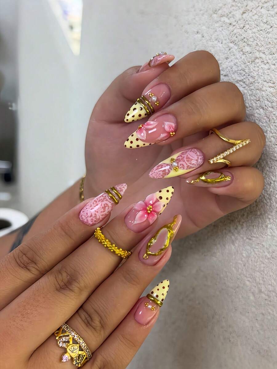 Fall Elegant And Luxurious Wedding 10‑Piece Handmade Nails Manicure Almond Shaped 3D Gelx Nails Brown Polka Dots Pale Yellow French Style Lace Pattern Design Gold Stripes Embellished With Pearls Portable Set Of False Nails - Multicolor - View 1
