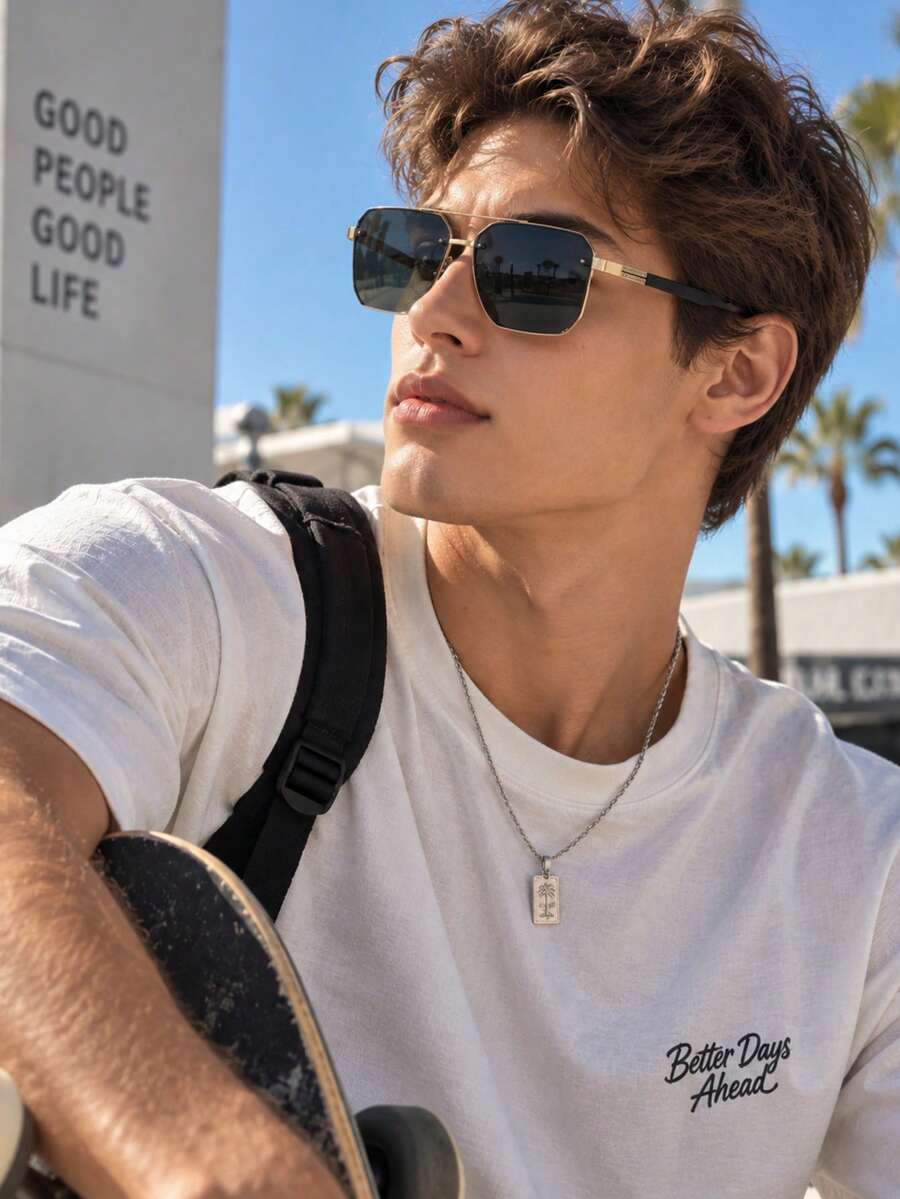 Men's Square Fashion Glasses, Gold Frame, Dark Lenses, Retro Street Style Eyewear For Travel & Everyday Wear - Multicolor - View 1