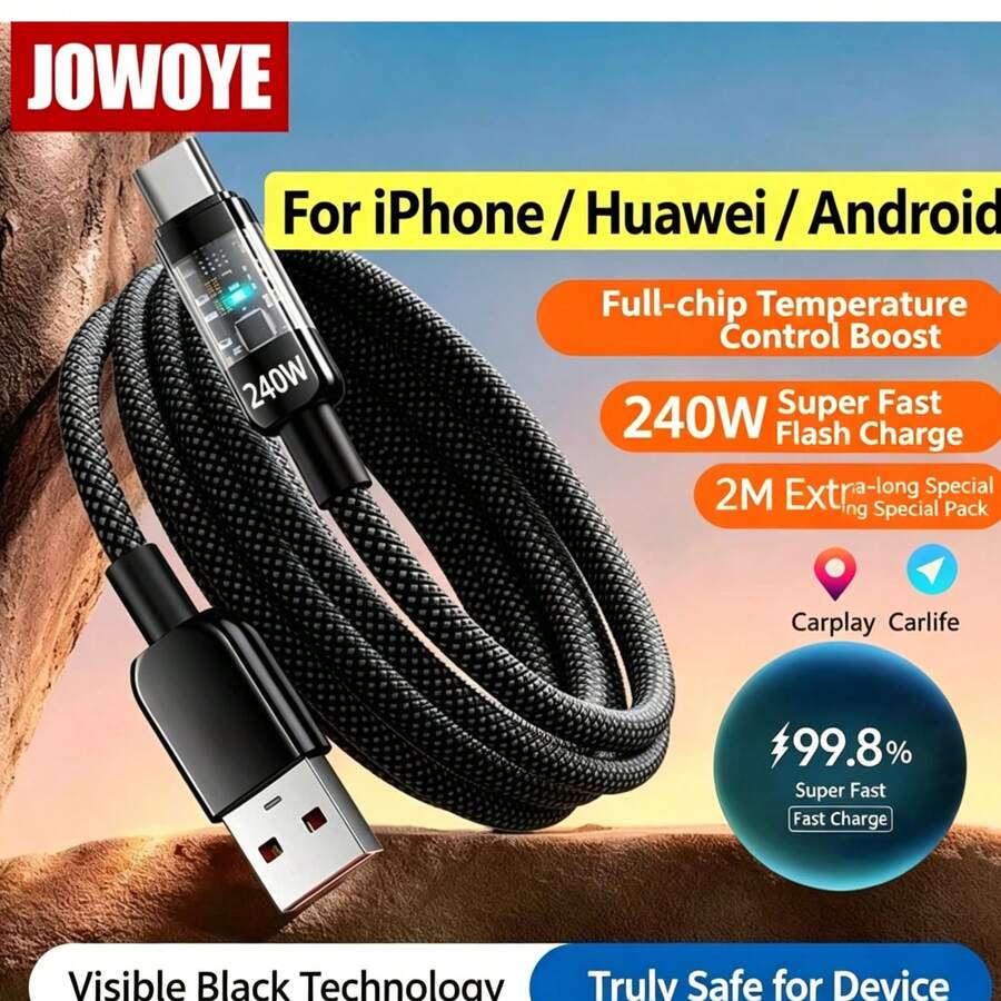 Kabel Data Pengisian Cepat Tipe-C 240W USB, Kabel Data Jalinan Nilon dengan Lampu LED - Hitam - View 1